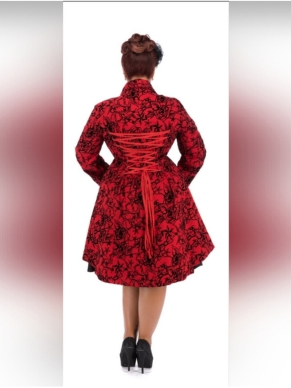 Hearts And Roses Flocked Tattoo Coat With Corset Back, Size 14 - Picture 2 of 12